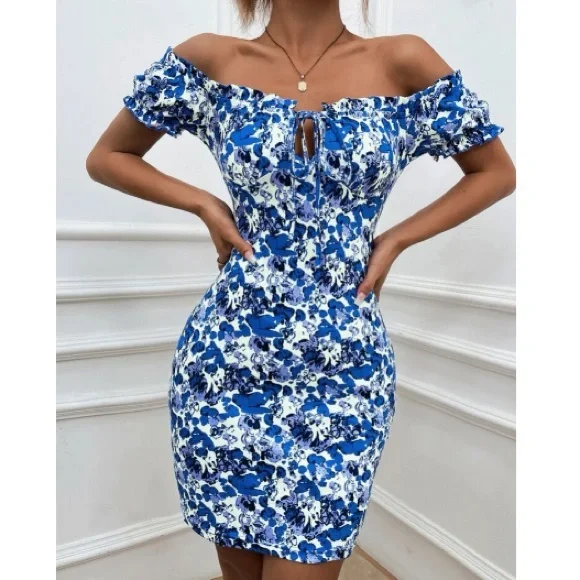 Boho Blue Floral Print Off Shoulder Bodycon Dress - Picture 3 of 11